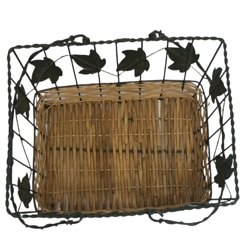 Vintage Basket Hand Crafted Woven Wicker Metal Cottage Kitchen Gathering Basket